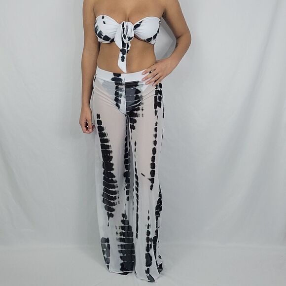 Black & White Tie Dye Halter Bandeau Bikini Swimsuit & Sheer Pants 3 Piece Set - Picture 1 of 8